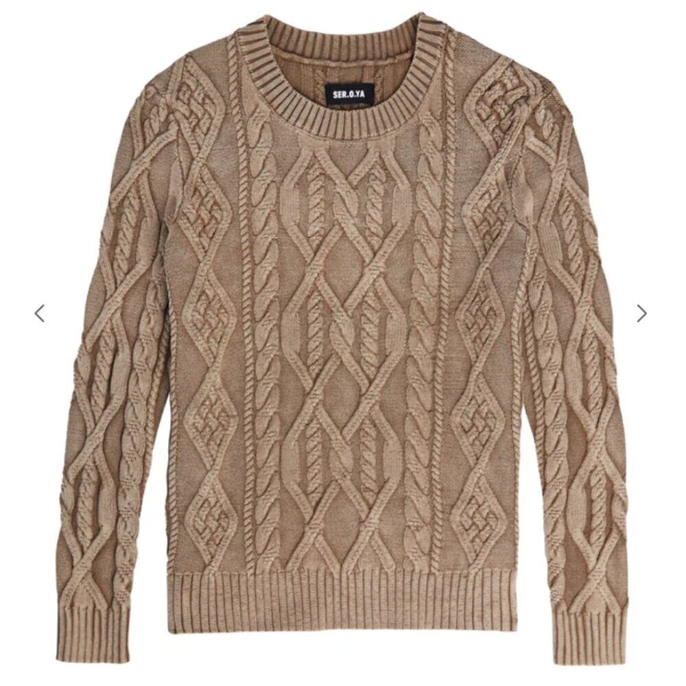 SER.O.YA Liam Cable Knit Sweater in Tan Acid Wash sz S